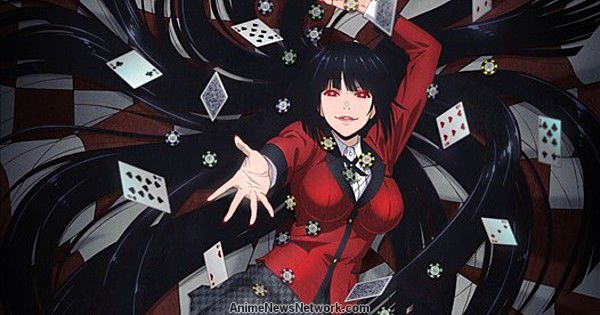 Kakegurui on a red and white background with flying cards